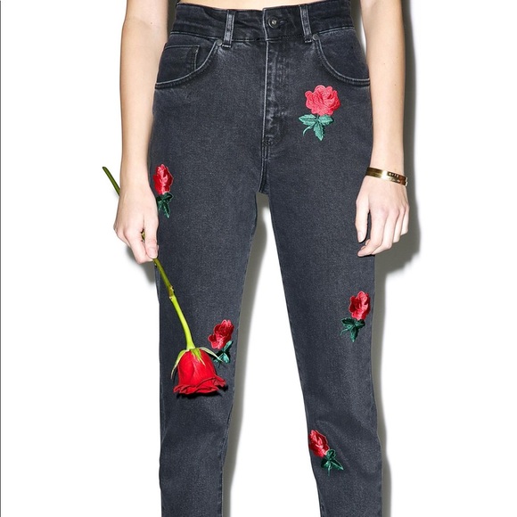 The Ragged Priest rose embroidered mom jeans